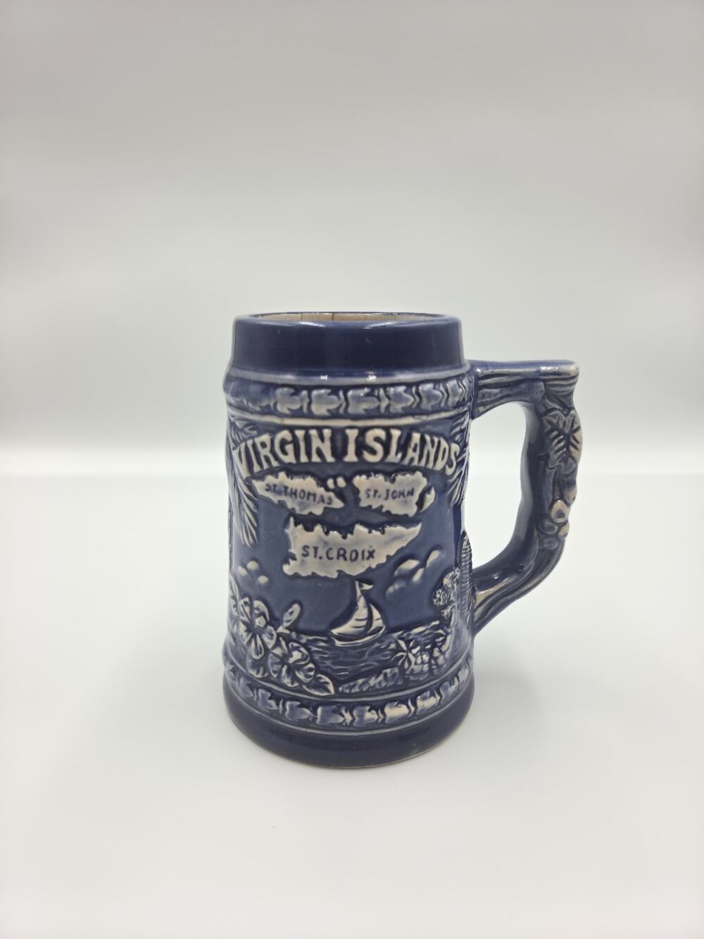 Vtg Virgin Islands Cobalt Blue Ceramic Souvenir Beer Stein St Thomas St Croix